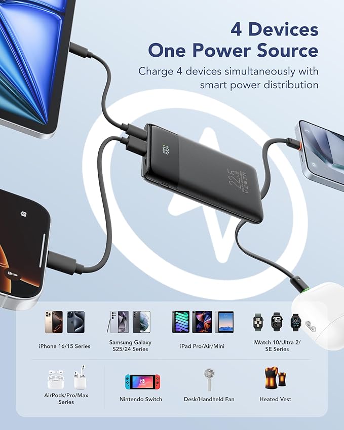 VEGER Portable Charger with Built in Cables, Slim 10000mAh PD 22.5W Fast Charging USB C Power Bank, 4 Outputs 3 Inputs Battery Pack Compatible with iPhone 16 15 14 13 Samsung iPad - Travel Essential