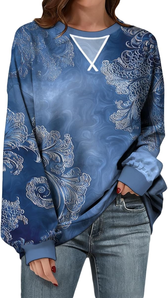 Womens Sweatshirts Fahsion Floral Print Long Sleeve Comfy Fall Tops Oversized Casual Crewneck Pullover Shirts