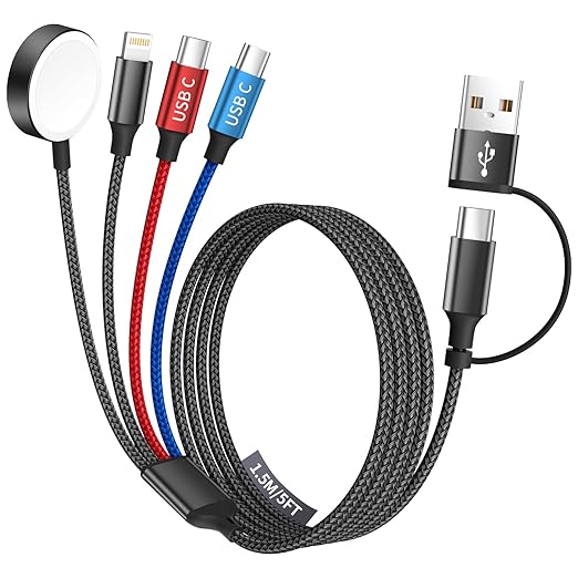 Dual Type-C Port 4 in 2 USB C Cable for Apple iWatch Charger/iPhone 17, Travel Charger Multi Charging Cable Cord for iWatch Ultra/SE/10-1, iPhone16-8, iPad, Android, Car, Cruise Essentials - 1Pc 5FT