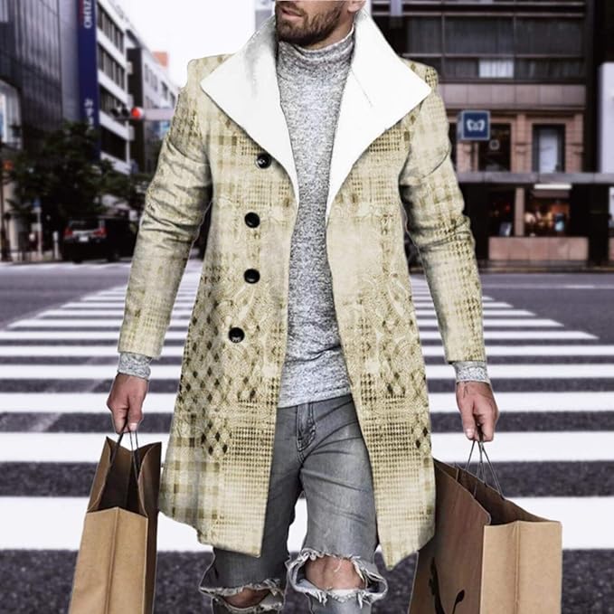 Men's Plaid Long Trench Coat Mid - Length Lapel Collar Button Down Warm Overcoat for Winter & Autumn Fashion