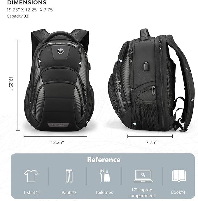 Swissdigital Design Men's 17 Inch Laptop Backpack with Apple Find My Network and USB Charging Port, Large Capacity Business Travel Backpack for College and Business Black | SD1643FB-01