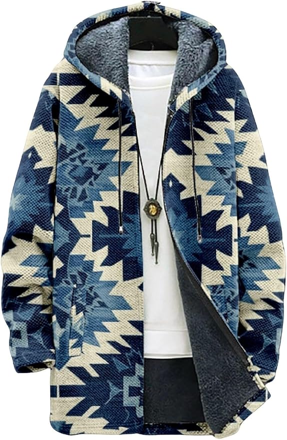 2025 Men's Ethnic Pattern Hooded Jacket Long Cardigan Hoodies Full Zip Vintage Knitted Zipper Coat with Pocket