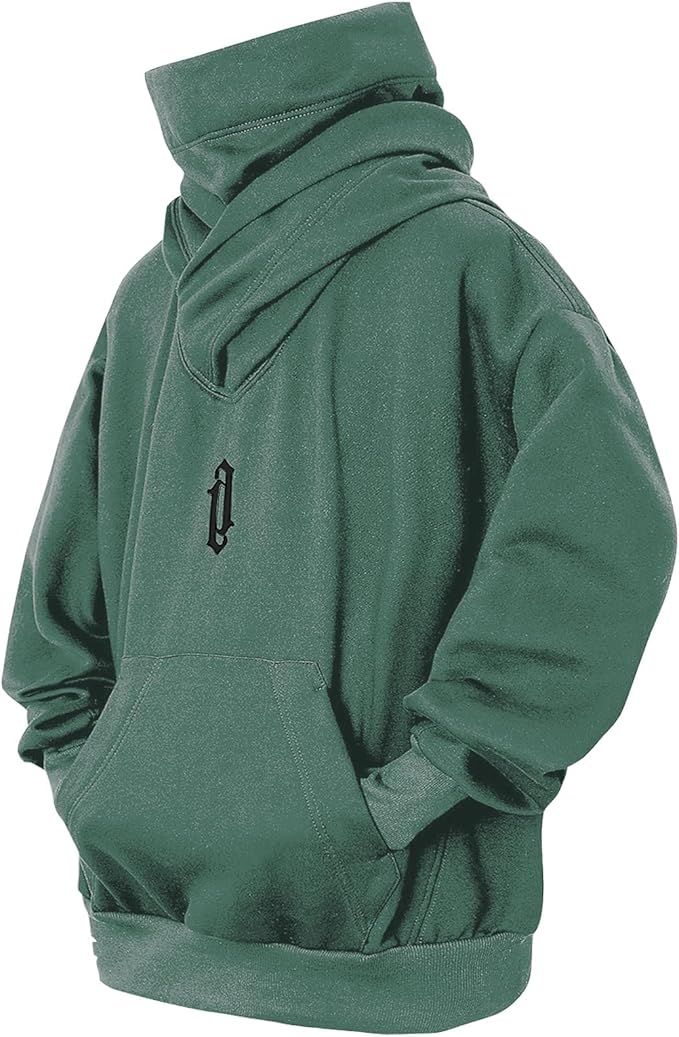 Fleece Hoodies for Men Cowl Neck Sweatshirts Hood with neck Gaiter Casual Pullover Fall Winter with Embroidery