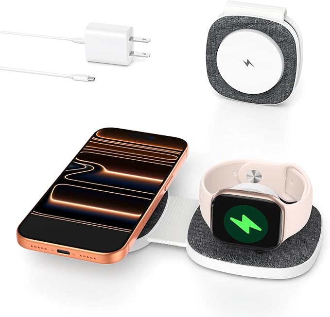 Flodable 2 in 1 Mag-Safe Wireless Charger for iPhone 16 15 14 13 12 Series,Apple Watch Series/Ultra/SE,Airpods/Pro,Portable Magsafe charger 3 in 1 Wireless Charging Station (Black with 20W PD Charger)