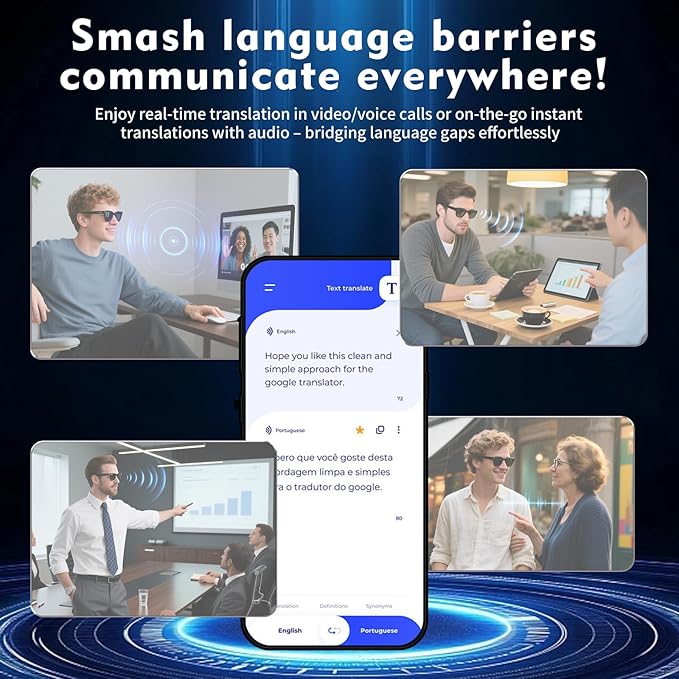 Al Smart Glasses with ChatGPT&800W Camera Video Recording,Sunglasses for Real-TimeTranslation, MusicControl, ElS Stabilization|WiFi/Bluetooth 5.3 Smart Eyewear for Travel, Meeting