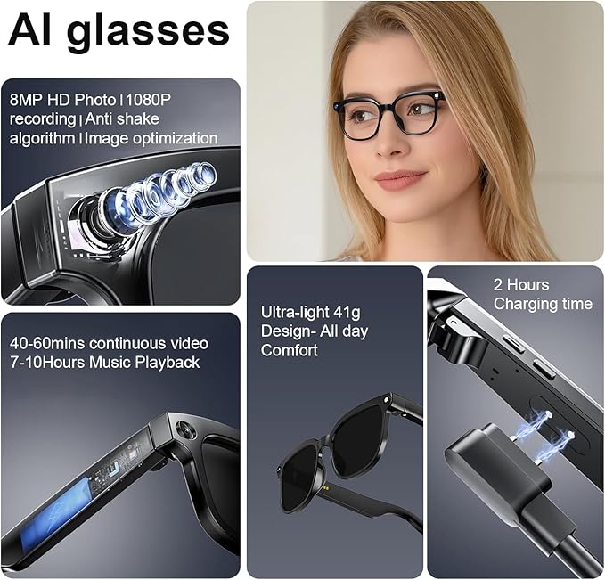 AI Smart Glasses with Camera, 8MP HD Camera Glasses for Men Women, 1080P Video Recording Sunglasses, Real Time Translation, Voice Assistant, AI Photo Recognition,Bluetooth Glasses for Travel/Meet/Vlog