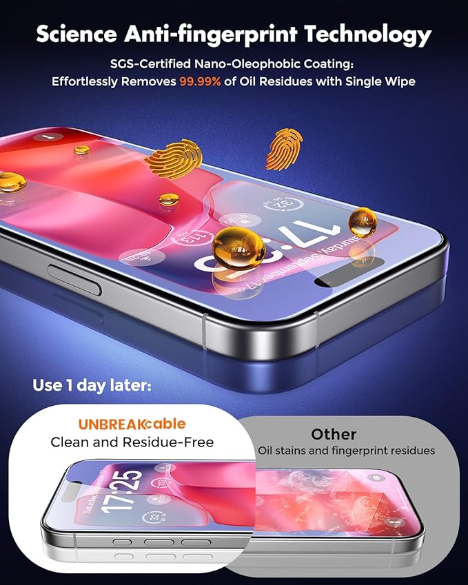 UNBREAKcable iPhone 15 Pro Max Screen Protector [3-Pack], Tempered Glass with Auto-Align Tech for Easy Install, 9H+ Hardness, Anti-Fingerprint, Ultra-Clear, Full-Coverage Protection, 6.7-Inch