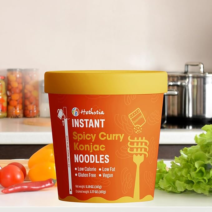 Hethstia Konjac Noodle Soup, 6-Pack Instant Shirataki Noodle Spicy Curry Cups – Low Carb, Vegan, Keto, Gluten-Free, Ready-to-Eat Asian Pho, Low-Calorie Quick Meal, 34.32oz