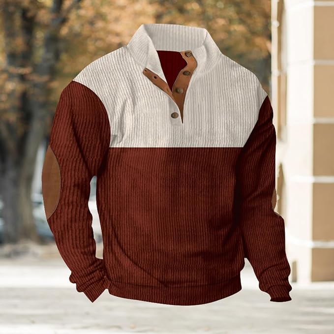 Men's Quarter Button Quilted Sweatshirt Classic Long Sleeve Elbow Patches Stand Collar Color Block Sweatshirts