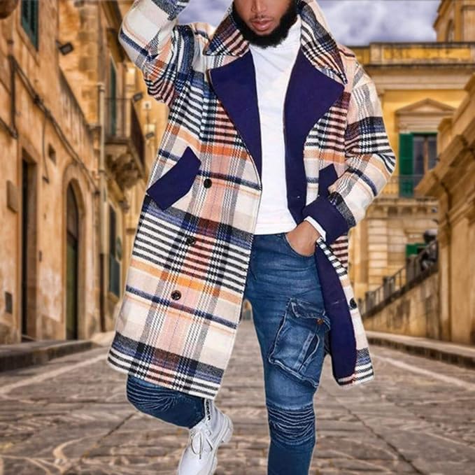 Men's Plaid Long Trench Coat Mid - Length Lapel Collar Button Down Warm Overcoat for Winter & Autumn Fashion