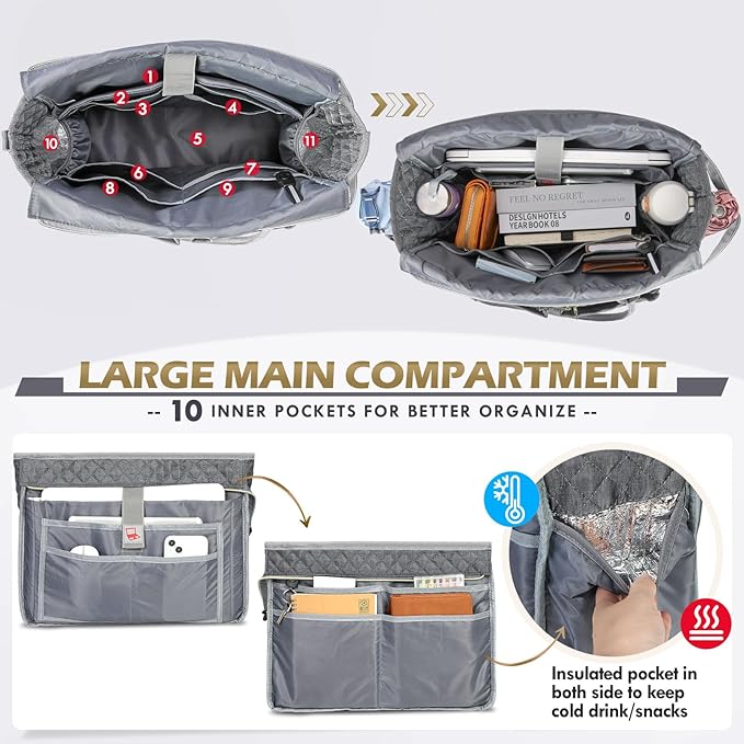 RAINSMORE Teacher Tote Bag 15.6 inch Laptop Bag for Women Work Bags Laptop Tote Nurse Bag Professional Computer Messenger with Insulated Pocket, Laptop Briefcase for Office, College, Nursing, Grey