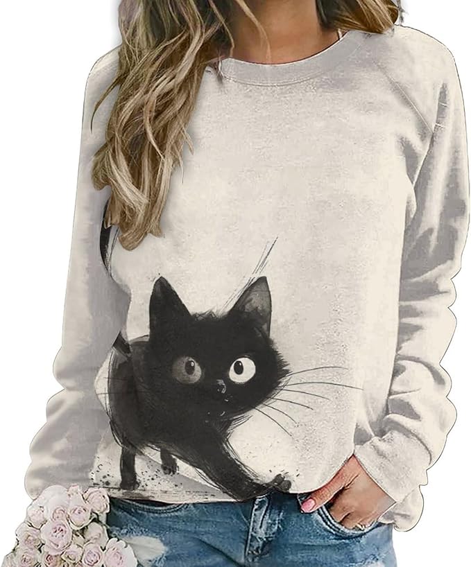 Long Sleeve Shirts for Women Cat Printed Fall Winter Dressy Holiday Casual Fashion Crewneck Tunic Tee Shirts