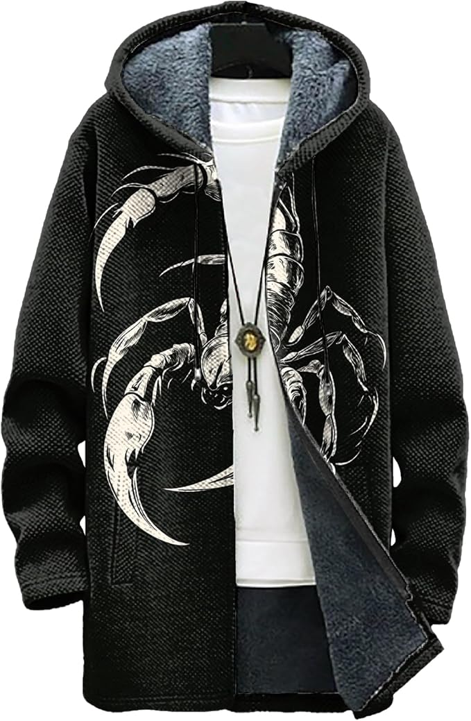 MARSVOVO Long Hooded Cardigan Men Japanese Art Style Fashion Cool Graphic Streetwear Winter Warm Lined Fleece Jacket