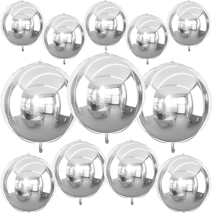12Pcs Silver Round Foil Balloons, 22" 15" 10" 4D Ball Balloons, Metallic Silver Foil Balloon for Birthday Graduation Christmas New Year Eve Disco Party Backdrop Decorations