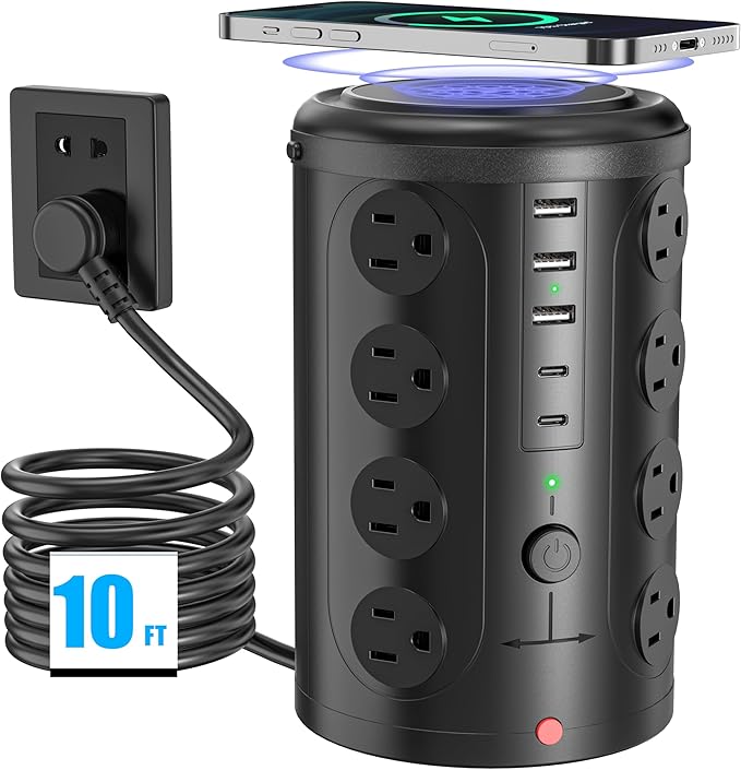 Surge Protector Power Strip,Desk Charging Station with 15W Wireless Charger, Multiple Outlets Charging Station with 16 AC Outlets & 5 USB (2 USB C) Port, for Home, Office, Dorm Room（10FT）