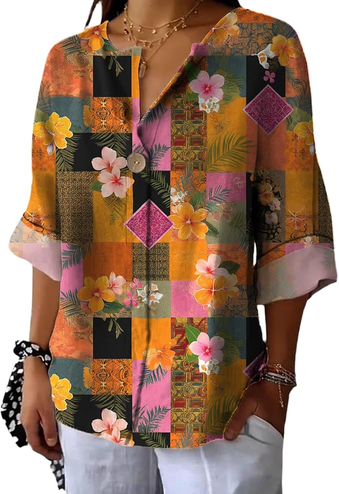 Fashion Shirts for Women Loose Fit Button Down V Neck Blouse 3/4 Sleeves Casual Tunic Tops Summer Outfits