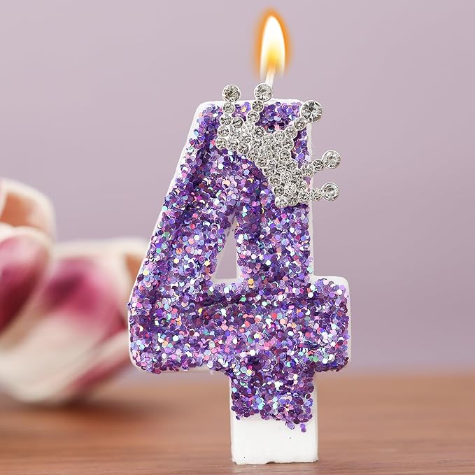 Birthday Number Candles,Purple Crown Birthday Candles for Cake,Glitter Number 4 Candle Cake Topper with Sequins for Anniversary Celebrations Supplies (Number 4)