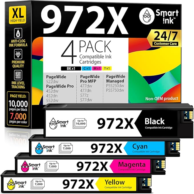Smart Ink Compatible Ink Cartridges Replacement for HP 972X 972 X (4 Pack Combo) to use with PageWide Pro 477dw 577dw 452dw 477dn 452dn 577z 552dw P55250dw Printers (Black & Cyan Magenta Yellow)