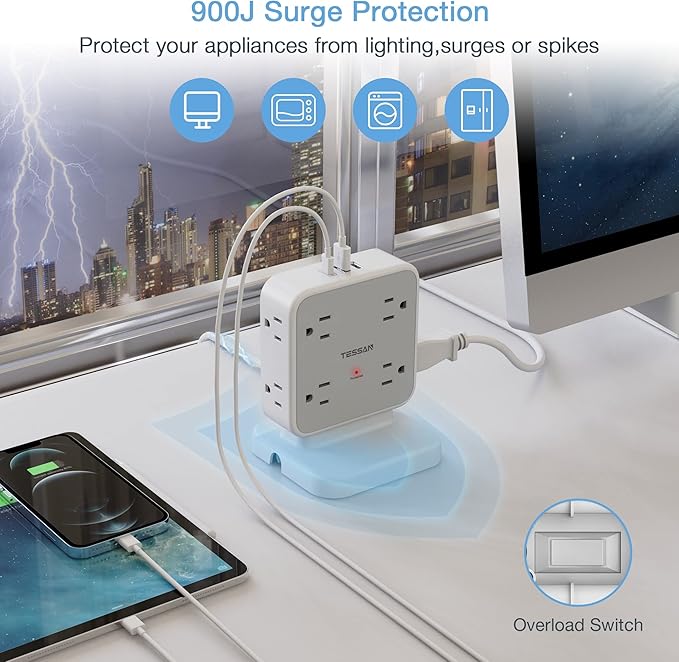 Power Strip Tower Surge Protector, TESSAN 8 AC Outlets with 3 USB (1 USB C Port), 5 FT Flat Plug Extension Cord with 900 Joules Protection, Desk Charging Station for Home Office Supplies, Dorm Room