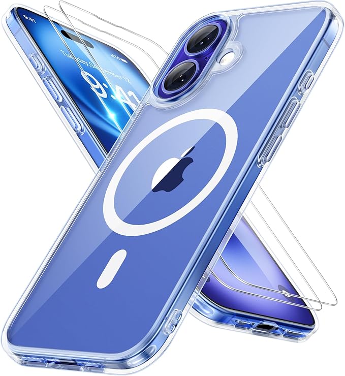 Miracase Magnetic Series for iPhone 16 Case [Compatible with MagSafe] [with 2X Screen Protectors] Military-Grade Protection, Anti-Fingerprint, Slim Phone Case for iPhone 16 6.1 inch - Crystal Clear