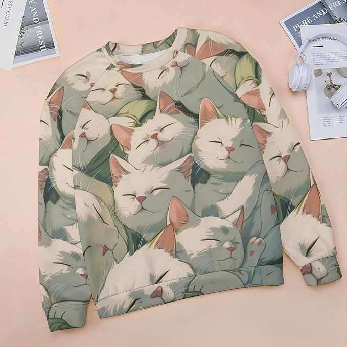 Fall Sweaters for Women 2024 Cat Print Long Sleeve Casual Crewneck Warm Fall Pullover Comfy Fashion Sweatshirts