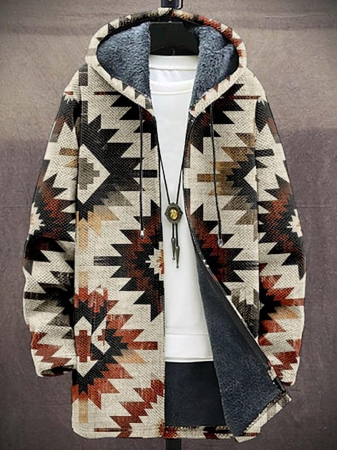 2025 Men's Ethnic Pattern Hooded Jacket Long Cardigan Hoodies Full Zip Vintage Knitted Zipper Coat with Pocket
