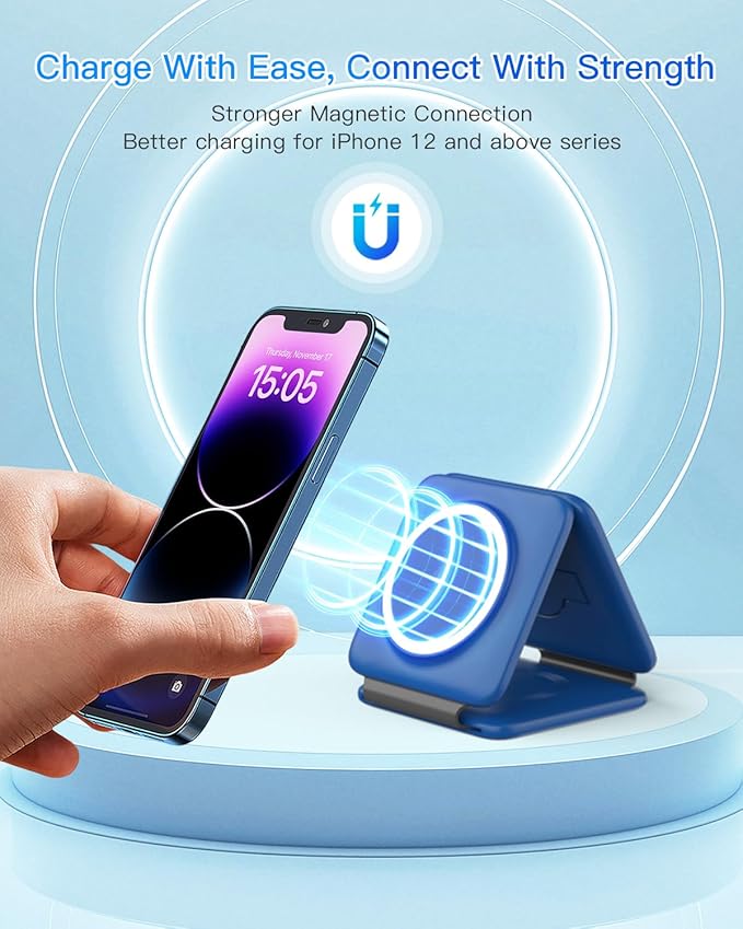 Charging Station for Apple Devices - 3 in 1 Magnetic Foldable Wireless Charger Dock - Travel Charging Pad for MagSafe iPhone 16 15 14 13 12 Pro Max Plus Watch & Airpods