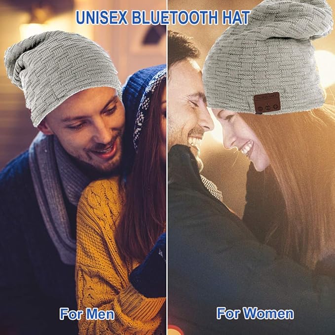 Bluetooth Beanie Women Men Wireless Winter Hats with Headphones Smart Beanie Headset Warm Musical Headphone with Built-in Mic for Skiing Skateboarding Jogging Gift for Men Women Boys Girls Light Grey