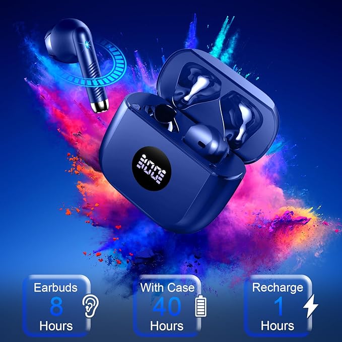 Wireless Earbuds, 2025 Bluetooth Headphones 5.4 HiFi Stereo, in-Ear Ear buds with 4 ENC Noise Cancelling Mics, 40H Playtime Sport Ear Buds with Charging Case, IP7 Waterproof Earphones with LED Display