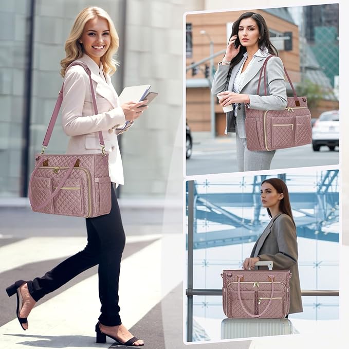RAINSMORE Teacher Tote Bag 15.6 inch Laptop Bag for Women Work Bags Laptop Tote Nurse Bag Professional Computer Messenger with Insulated Pocket, Laptop Briefcase for Office, College, Dusty Pink