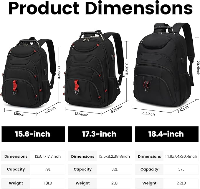 Extra Large Laptop Backpack for Men,37L Gaming Laptop Backpack,18.4Inch Travel Backpack with USB Charging Port, Business Flight Approved -Big Capacity Computer Bag College Bookbag, Black Black