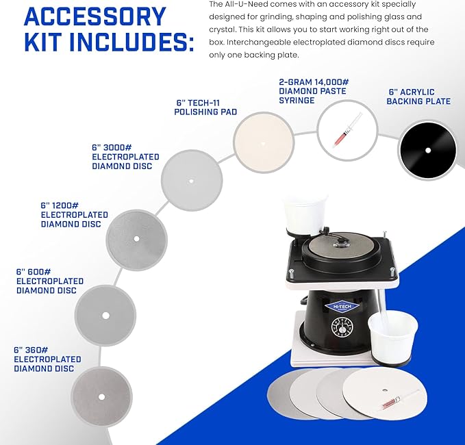 Hi-Tech Diamond 6" All-U-Need - Lapidary Equipment Glass Crystal Grinding Flat Lap Machine, Glass Grinder Tool & Polisher w/ Variable Speed Motor, Includes Polishing Accessory Kit