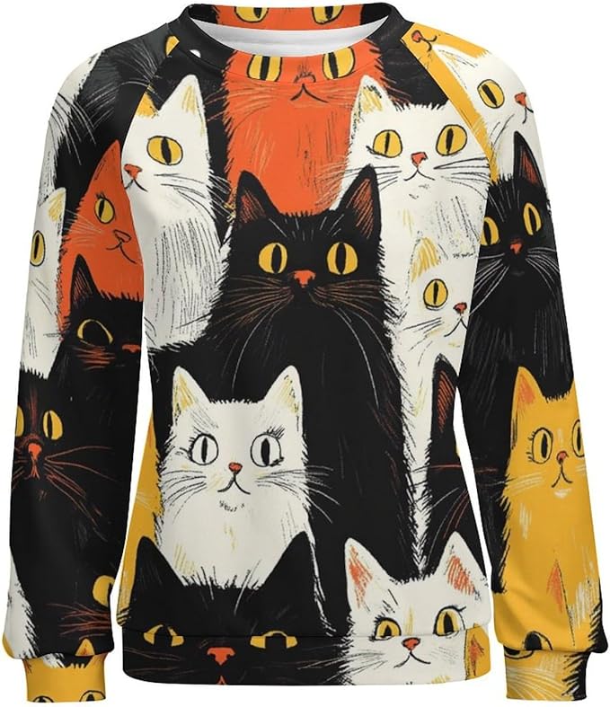 Fall Sweaters for Women 2024 Cat Print Long Sleeve Casual Crewneck Warm Fall Pullover Comfy Fashion Sweatshirts