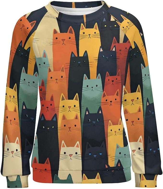 Fall Sweaters for Women 2024 Cat Print Long Sleeve Casual Crewneck Warm Fall Pullover Comfy Fashion Sweatshirts