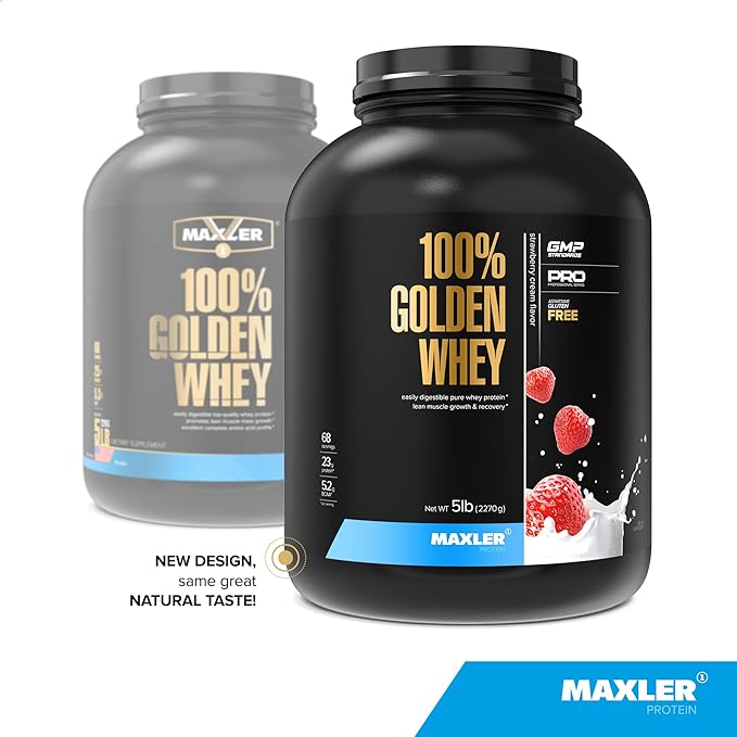 Maxler 100% Golden Whey Protein - 23g of Protein per Serving - Whey Protein Powder for Pre Post Workout - Fast-Absorbing Whey Concentrate, Isolate & Hydrolysate Blend - Strawberry Cream 5 lb