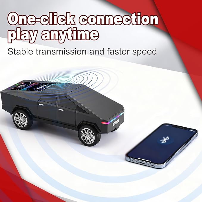 Futuristic Pickup Truck Replica Bluetooth Speaker with LED Display Screen – TWS Stereo, FM, USB/TF Playback, LED Lights, Built-in Mic, Gift for Car Lovers & Tech Fans (Black)