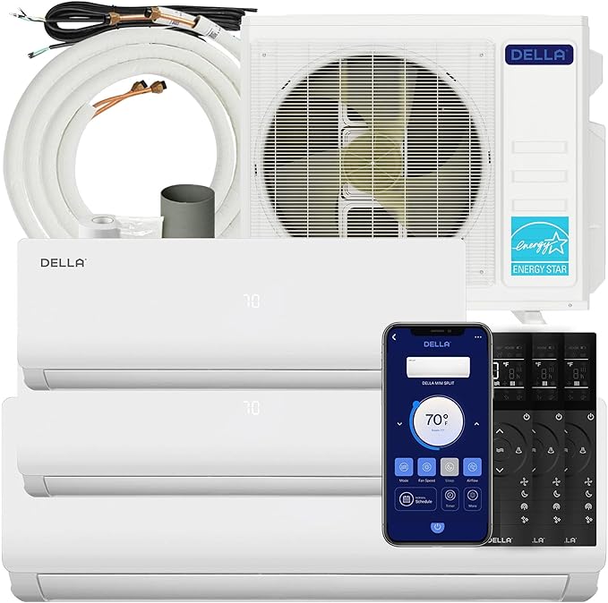 Della 45K BTU ODU Tri 3 Zone 18K 18K 24K BTU 19 SEER2 208-230V Cools Up to 3500 Sq.Ft, Works with Alexa and Wifi, Energy Efficient, Multi Zone Mini Split AC Pre-Charged Heat Pump,16ft Kits