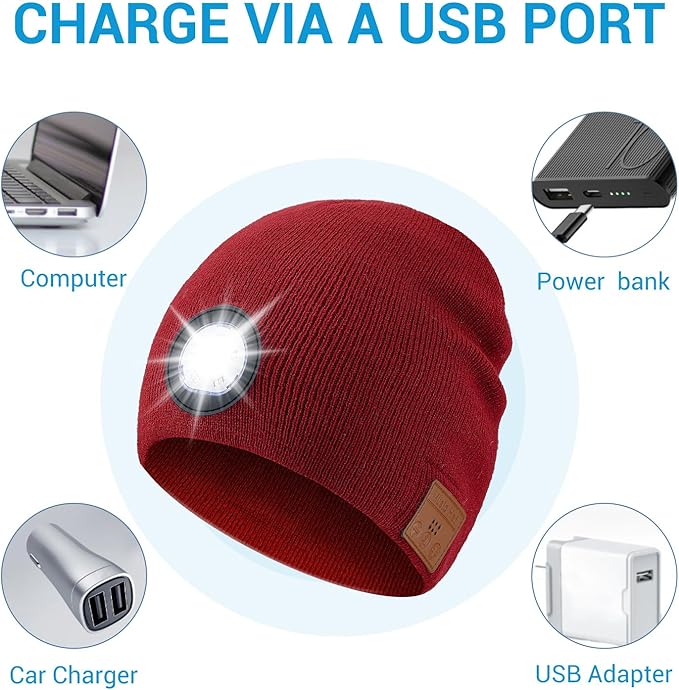 Bluetooth Beanie with Light, HD Stereo Sound, USB Rechargeable Headlamp for Hiking Fishing, Gift for Men Women Teen