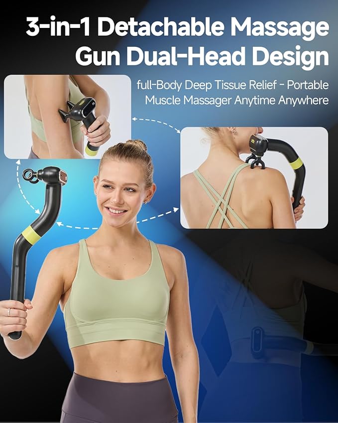 Dual Head Massage Gun Deep Tissue 3-in-1 Back Massager with Detachable Extension Handle for Hard-to-Reach Areas, Gym & Home Use for Men and Women