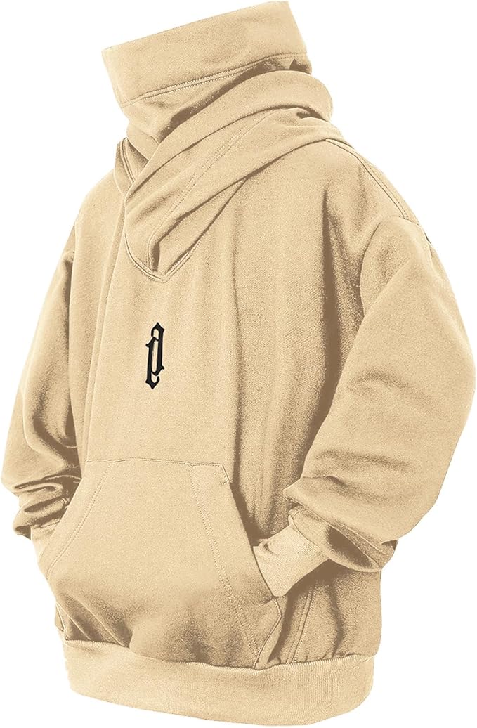 Fleece Hoodies for Men Cowl Neck Sweatshirts Hood with neck Gaiter Casual Pullover Fall Winter with Embroidery