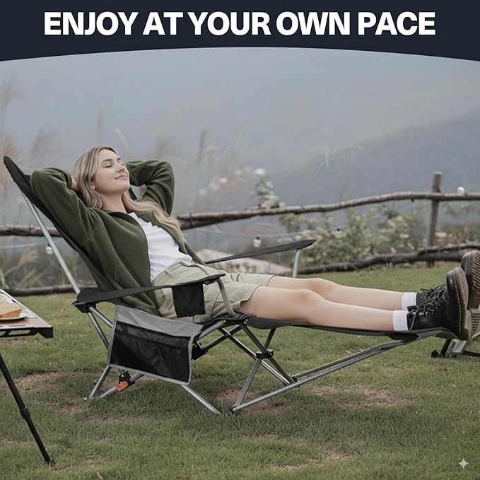 2-in-1 Reclining Camping Chair, Portable Folding Beach Lounge Chair with Footrest & Adjustable Backrest, Comfortable Lawn Chair for Adults Heavy Duty with Cup Holder for Outdoor Poolside Sports