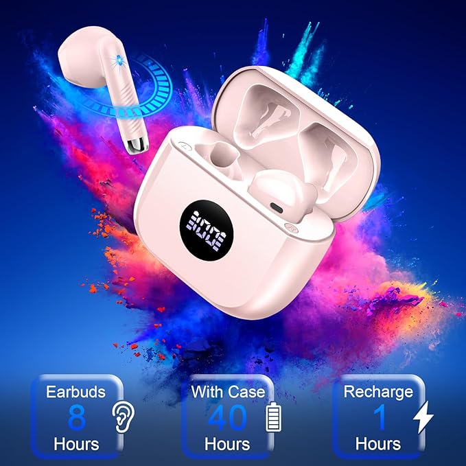 Wireless Earbuds, Bluetooth 5.4 Ear Buds LED Power Display Headphones Bass Stereo, Bluetooth Earbuds in-Ear Noise Cancelling Mic, 40H Playback Mini Case IP7 Waterproof Sports Earphones for Android iOS
