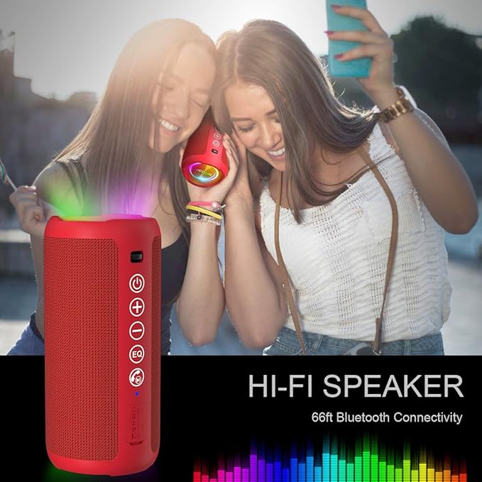 Ortizan Portable Bluetooth Speaker: IPX7 Waterproof, 24W Loud Sound, Deep Bass, Bluetooth 5.3, LED Lights, Wireless Stereo Pairing, 30H Playtime, for Home/Outdoor/Party/Beach, Birthday Gift (Red)
