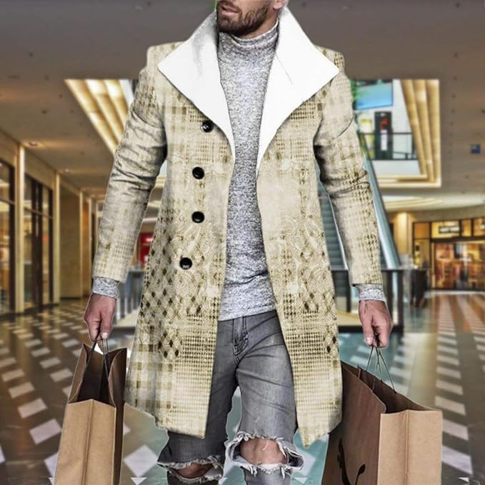 Men's Plaid Long Trench Coat Mid - Length Lapel Collar Button Down Warm Overcoat for Winter & Autumn Fashion