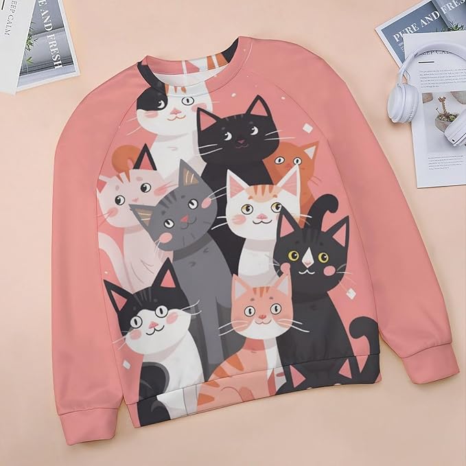 Long Sleeve Shirt Women Fall Cat Print Funny Hide Belly Vacation Plus Size Ladies Hippie Dressy Sweaters