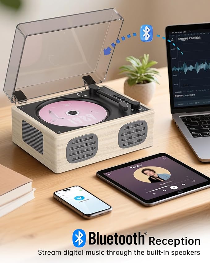 Portable Retro CD Player with Bluetooth Transmitter and Dual HiFi Speakers, LED Screen, Desktop Vintage Nostalgic Rechargeable CD Music Player for Home, Grey Wooden