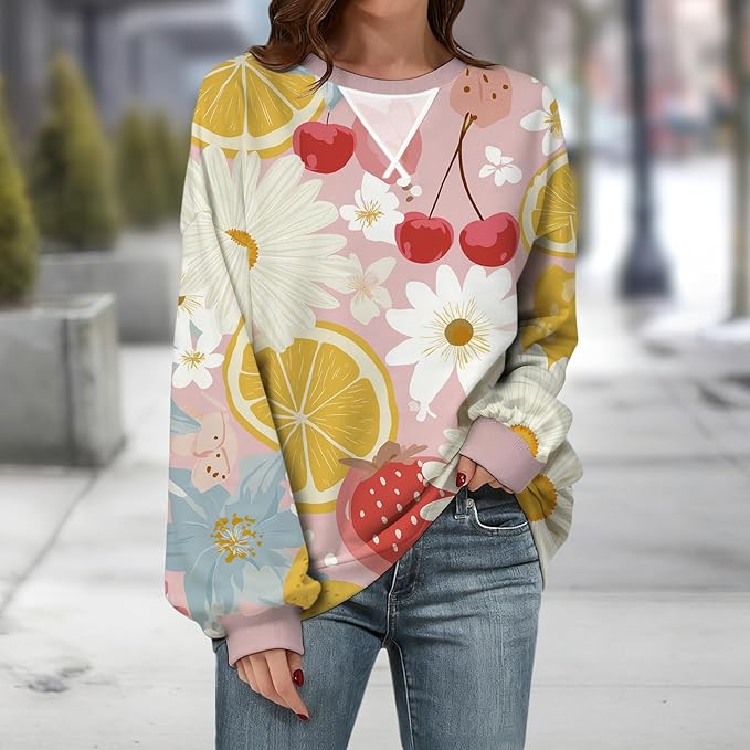 Womens Sweatshirts Fahsion Floral Print Long Sleeve Comfy Fall Tops Oversized Casual Crewneck Pullover Shirts