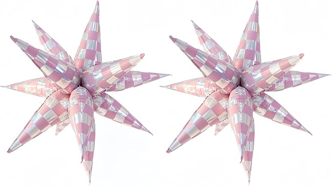 2 * 12Pcs Pink Silver Holographic Checkered Explosion Star Foil Balloons/Iridescent Balloons for Y3K Girl, KPOP Idol Demon Hunters Singer Party/Tayl Popular Singer Concert Birthday(2Pcs Pink Laser)