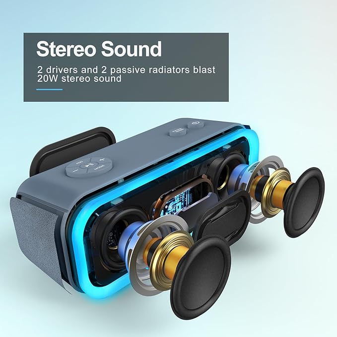 DOSS SoundBox Pro Bluetooth Speaker, 20W Stereo Sound, Active Extra Bass, 20H Playtime, Multi-Colors Lights, Wireless Stereo Pairing, IPX6 Waterproof for Garden, Hiking, Camping, Party-Stone Blue
