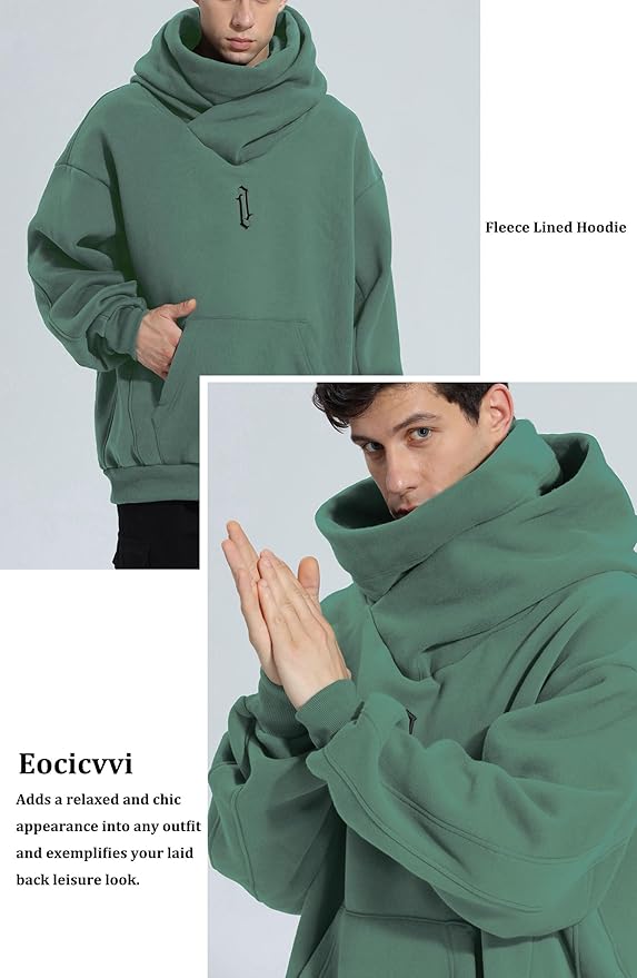 Fleece Hoodies for Men Cowl Neck Sweatshirts Hood with neck Gaiter Casual Pullover Fall Winter with Embroidery